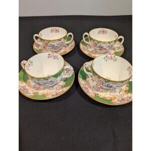 Set of 4 - Minton Green Cockatrice Bouillon & Saucer – Vintage Bone China